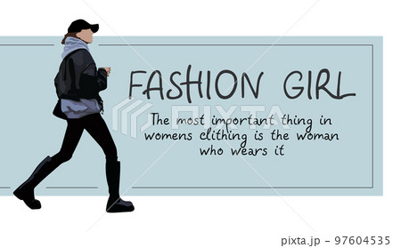 Hand drawn beautiful young woman with bag. Stylish elegant girl walking. Fashion woman in sunglasses. Banner. 97604535