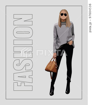 Fashion woman in sunglasses. Hand drawn stylish woman Beautiful young lady in fashion clothes. Girl on gray and stylish background with fashion inscription 97604536