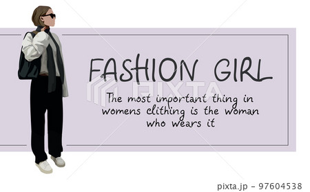 Hand drawn beautiful young woman with bag. Stylish elegant girl walking. Fashion woman in sunglasses. Banner. 97604538