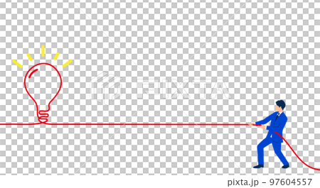 Illustration of a businessman and a light bulb pulling a string, an image of an idea, vector 97604557