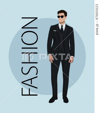 Stylish man in a flat style on an interesting and stylish background with the inscription fashion. Man in fashionable clothes. 97605025