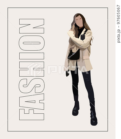 Fashion woman in sunglasses. Hand drawn stylish woman Beautiful young lady in fashion clothes. Girl on gray and stylish background with fashion inscription 97605067