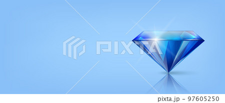 Vector Horizontal Banner with 3d Realistic Blue Transparent Triangular Glowing Gemstone, Diamond, Crystal, Rhinestone Closeup on Blue Background with Reflection. Jewerly Concept. Design Template Vector Horizontal Banner with 3d Realistic Blue Transparent Triangular Glowing Gemstone, Diamond, Crystal, Rhinestone Closeup on Blue Background with Reflection. Jewerly Concept. Design Template 97605250