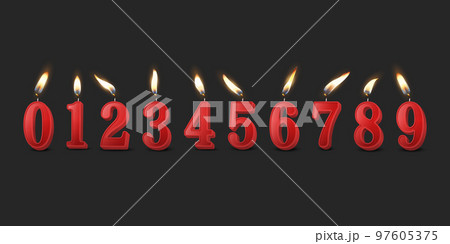 Vector 3d Realistic Paraffin or Wax Burning Red Birthday Party Candles, Numbers and Different Flame of a Candle Icon Set Isolated. Design Template, Clipart, Birthday Concept. Front View 97605375