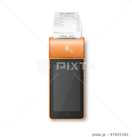 Vector 3d NFC Payment Machine with Approved Status, Paper Check, Receipt Isolated. Wi-fi, Wireless Payment. POS Terminal, Machine Design Template of Bank Payment Contactless Terminal, Mockup. Top VIew Vector 3d NFC Payment Machine with Approved Status, Paper Check, Receipt Isolated. Wi-fi, Wireless Payment. POS Terminal, Machine Design Template of Bank Payment Contactless Terminal, Mockup. Top VIew 97605381