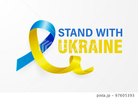 Stand with Ukraine. Anti War Call with the Smbol of Peace with Blue and Yellow Silk Ribbon. Ukranian Flag Colors. Struggle, Protest, Support Ukraine, Slogan. Vector Illustration 97605393