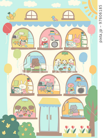 かわいい動物たちが暮らしているマンションのイラスト素材 97606185