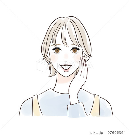 頰に手を当てる笑顔の女性 カジュアル 頰に手を当てる笑顔の女性 カジュアル 97606364