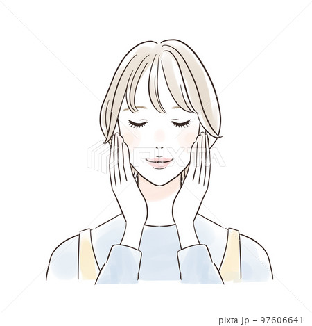 笑顔で目を閉じて両手で頰を触る女性 97606641