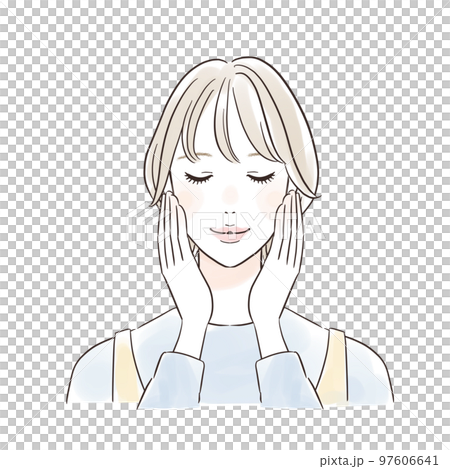 笑顔で目を閉じて両手で頰を触る女性 97606641