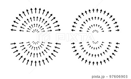 Arrows pointing inside and outside. Hemispheres, epicenter, target, radar concept. Inward and outward arrows. Arrows pointing inside and outside. Hemispheres, epicenter, target, radar concept. Inward and outward arrows. 97606903
