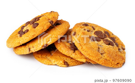 Pile of chocolate chip cookies isolated on white background 97609090