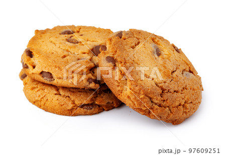 Pile of chocolate chip cookies isolated on white background 97609251
