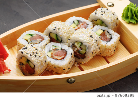 Japanese sushi roll on plate close up 97609299