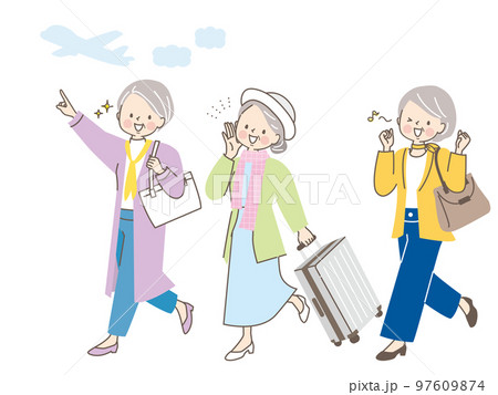 友達と旅行に行く3人の中年女性達のイラストセット 97609874