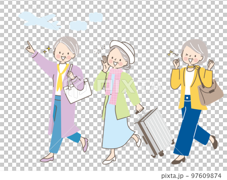 友達と旅行に行く3人の中年女性達のイラストセット 97609874