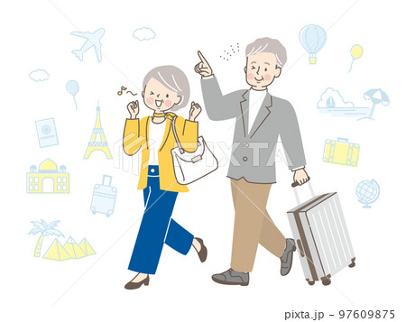 仲良く旅行する中年夫婦のイラスト素材 97609875