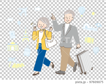仲良く旅行する中年夫婦のイラスト素材 97609875