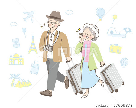 仲良く旅行する中年夫婦のイラスト素材 97609878