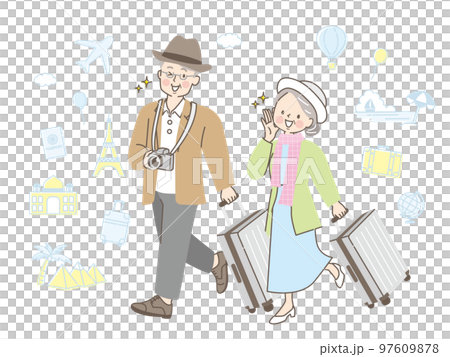 仲良く旅行する中年夫婦のイラスト素材 97609878