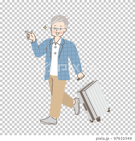Illustration of a senior man traveling with a carry case Illustration of a senior man traveling with a carry case 97610349