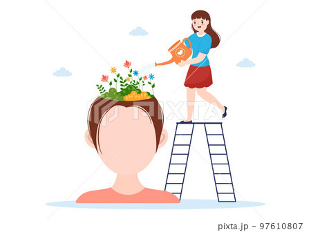 Personal Development with People Developing Mental Issues, Growth and Self Improvement as Plant in Flat Cartoon Hand Drawn Templates Illustration 97610807