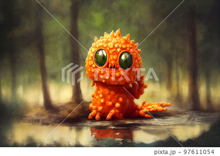 Cute orange monster in Fantasy of woods landscape with swamp. 97611054