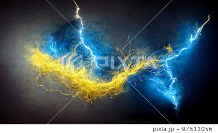 Electric lightning bolt. Energy effect. Bright light flare and sparks. Electric lightning bolt. Energy effect. Bright light flare and sparks. 97611056