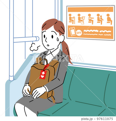 シンプルなタッチのヘルプマークを付けた優先席に座る女性 シンプルなタッチのヘルプマークを付けた優先席に座る女性 97611075