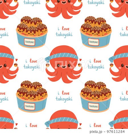 Takoyaki seamless pattern vector asian food. Cute takoyaki on white background. Wallpaper Takoyaki seamless pattern vector asian food. Cute takoyaki on white background. Wallpaper 97611284