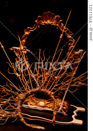 Halloween book composition, spider web, old vintage frame on a black background 97611321