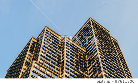 office buildings finance workplace concrete tower skyscraper on blue sky 3D illustration 97611500