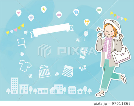お出かけする若い女性と街並みのベクターイラストセット 97611865