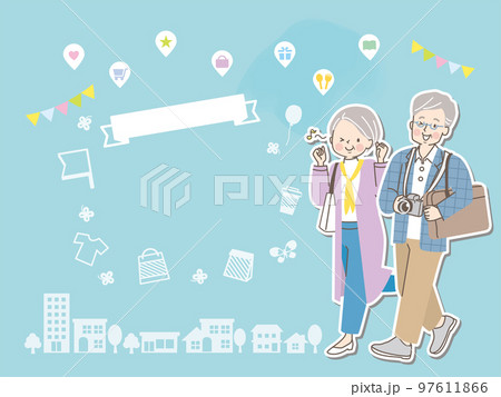 旅行やお出かけをするシニア夫婦のベクターイラスト素材 97611866