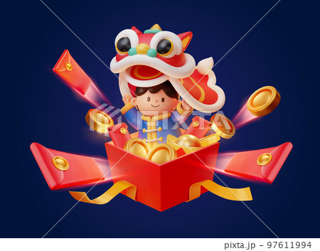 3D illustration of cny cute asian boy performing lion dance with gold coins, ingots and red envelope shooting out from the giftbox on indigo background. 97611994