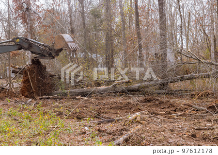 Construction site of housing development was cleared using tractor skid steers for purpose subdividing land removing uprooted trees from property Construction site of housing development was cleared using tractor skid steers for purpose subdividing land removing uprooted trees from property 97612178