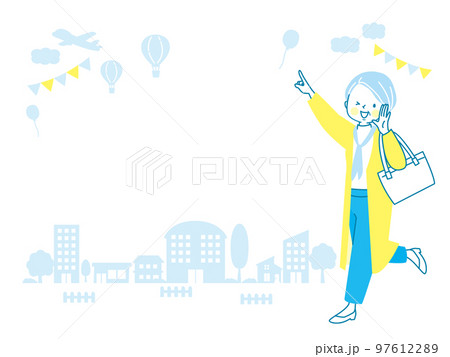 お出かけするシニア女性と街並みのベクターイラストセット 97612289
