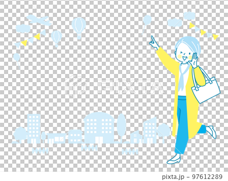 お出かけするシニア女性と街並みのベクターイラストセット 97612289