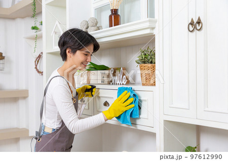 Woman cleaning dust from bookshelf. Young girl sweeping shelf in living room. Woman cleaning dust from bookshelf. Young girl sweeping shelf in living room. 97612990