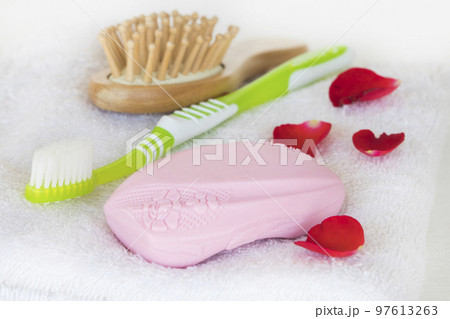 toothbrush health care for oral cavity with herbal soap on terry cloth 97613263