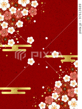 梅と麻の葉模様コーナーの赤い和背景タテ 97613689