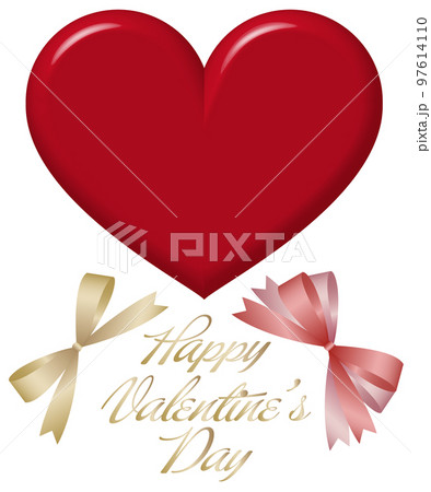 立体感のある赤いハートのイラスト素材 バレンタイン素材 リボン パーツ 97614110