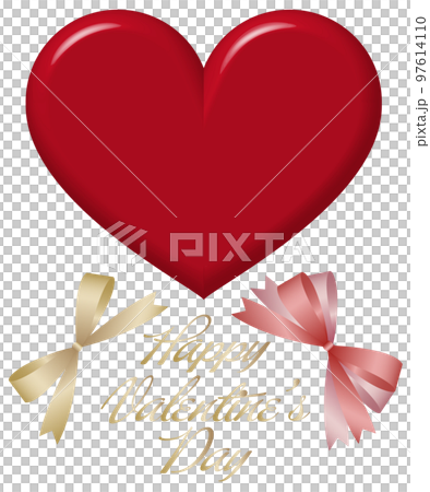 立体感のある赤いハートのイラスト素材 バレンタイン素材 リボン パーツ 97614110