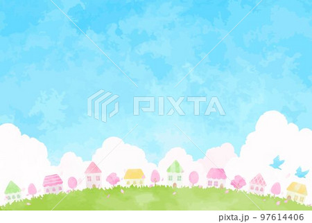 ほんわか可愛い春の街並みの風景イラスト 97614406