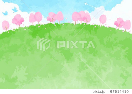 シンプルな手描きの桜並木と青空の風景イラスト 97614410