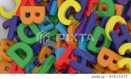 Alphabet letters on plain background. Plastic alphabet letters on white background. Rainbow colors. 3D illustration. 3D rendering 97615475