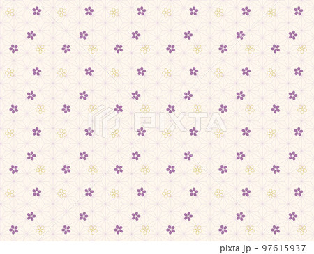 麻の葉文様と桜の和柄シームレスパターン　紫 97615937