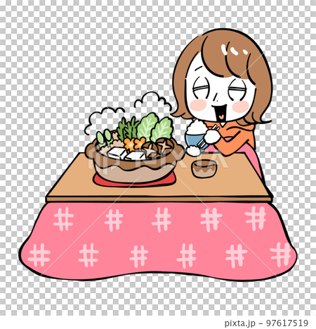 女性　こたつ　鍋 97617519