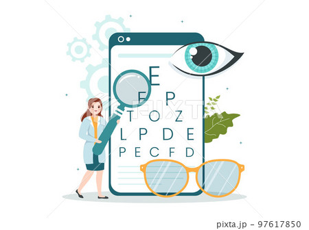 Optometrist with Ophthalmologist Checks Patient Sight, Optical Eye Test and Spectacles Technology in Flat Cartoon Hand Drawn Templates Illustration 97617850