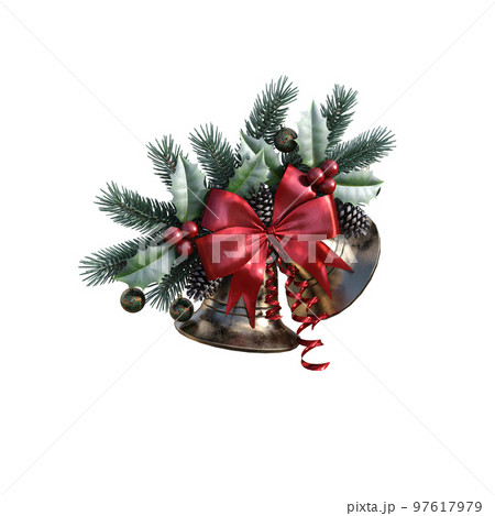 Christmas bells hanging with ribbon, berries, decoration as overlay for greeting and postcard making. 3d rendering-illustration. Christmas bells hanging with ribbon, berries, decoration as overlay for greeting and postcard making. 3d rendering-illustration. 97617979